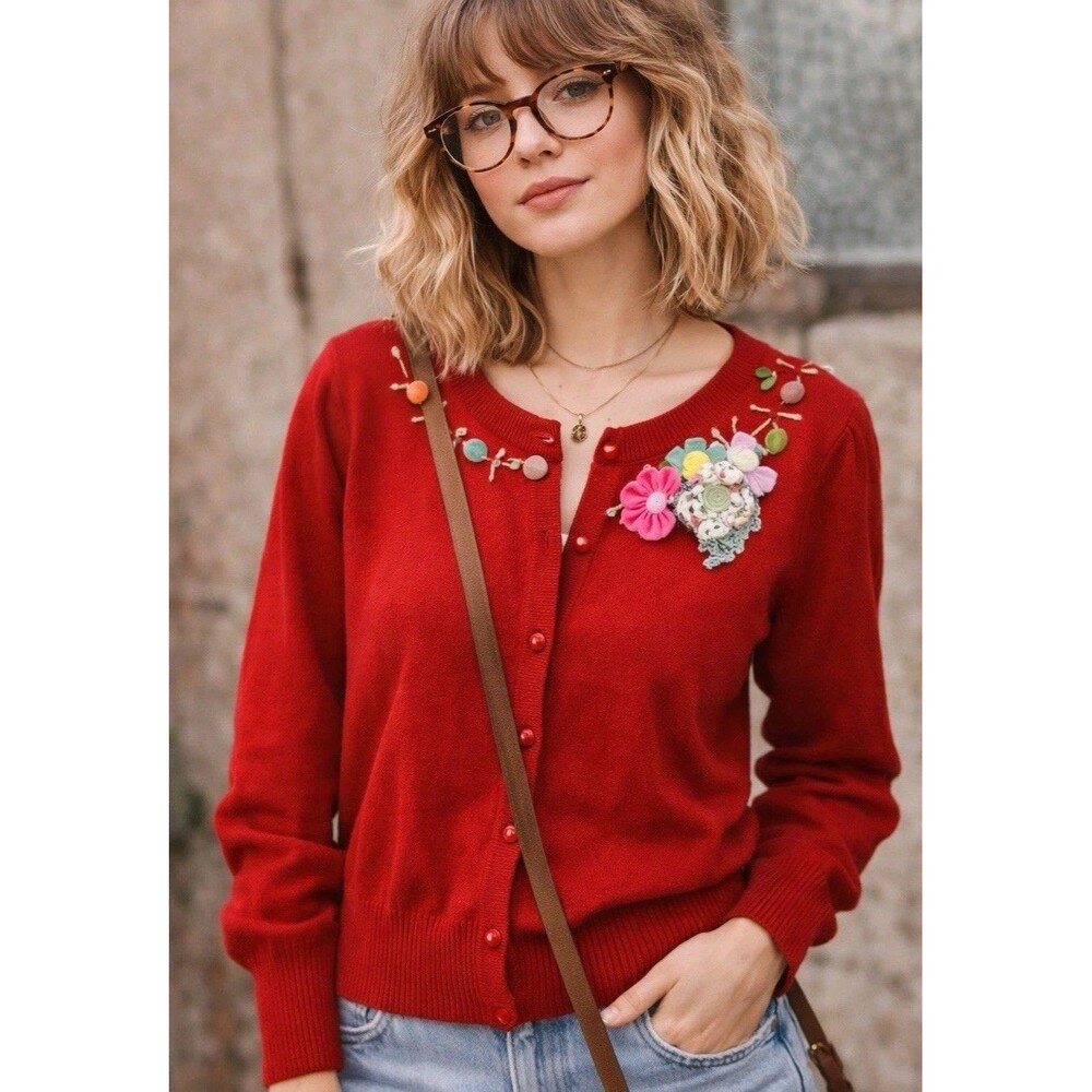 Naranka Red Cardigan Floral Applique Embroidered Vintage Style Sweater